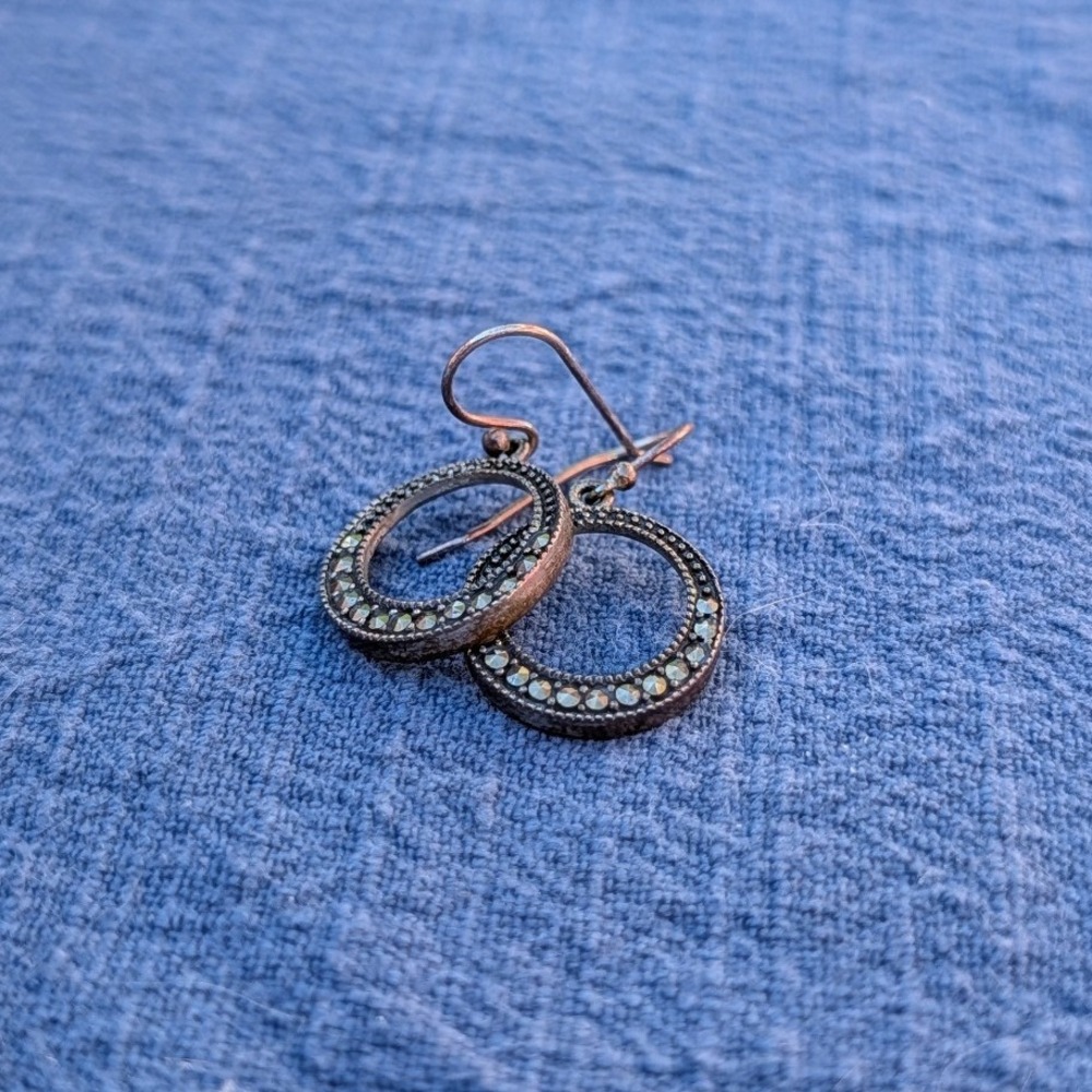 Sterling Silver‎ Rhinestone Circle Drop Earrings Art Deco Style Dangle - Picture 5 of 7